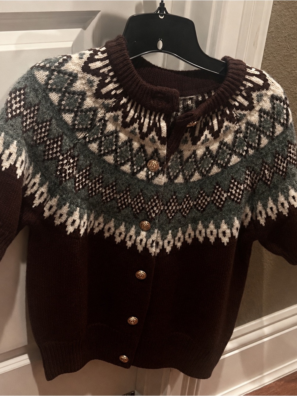 crown & ivy Brown Fair Isle Short-Sleeve Cardigan with Green and Cream Accents